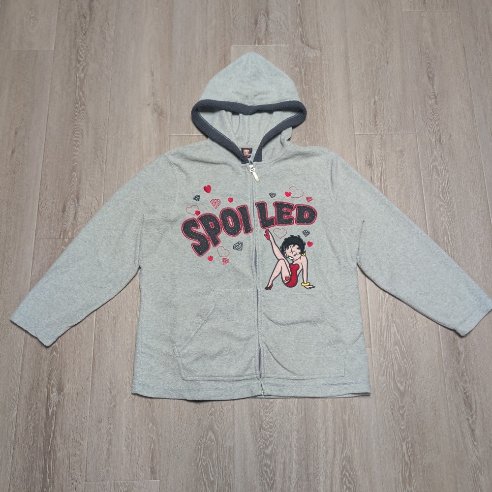 Betty Boop Zip Up Hoodie Womens 2X Gray Excellent Spoiled Graphic‎ Fleece Hooded